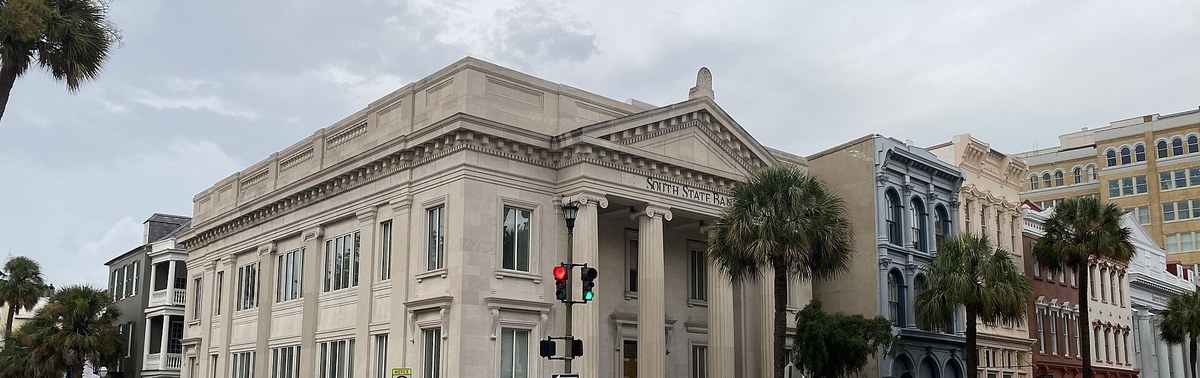 South State Bank and palmettos on Broad Street in downtown Charleston SC