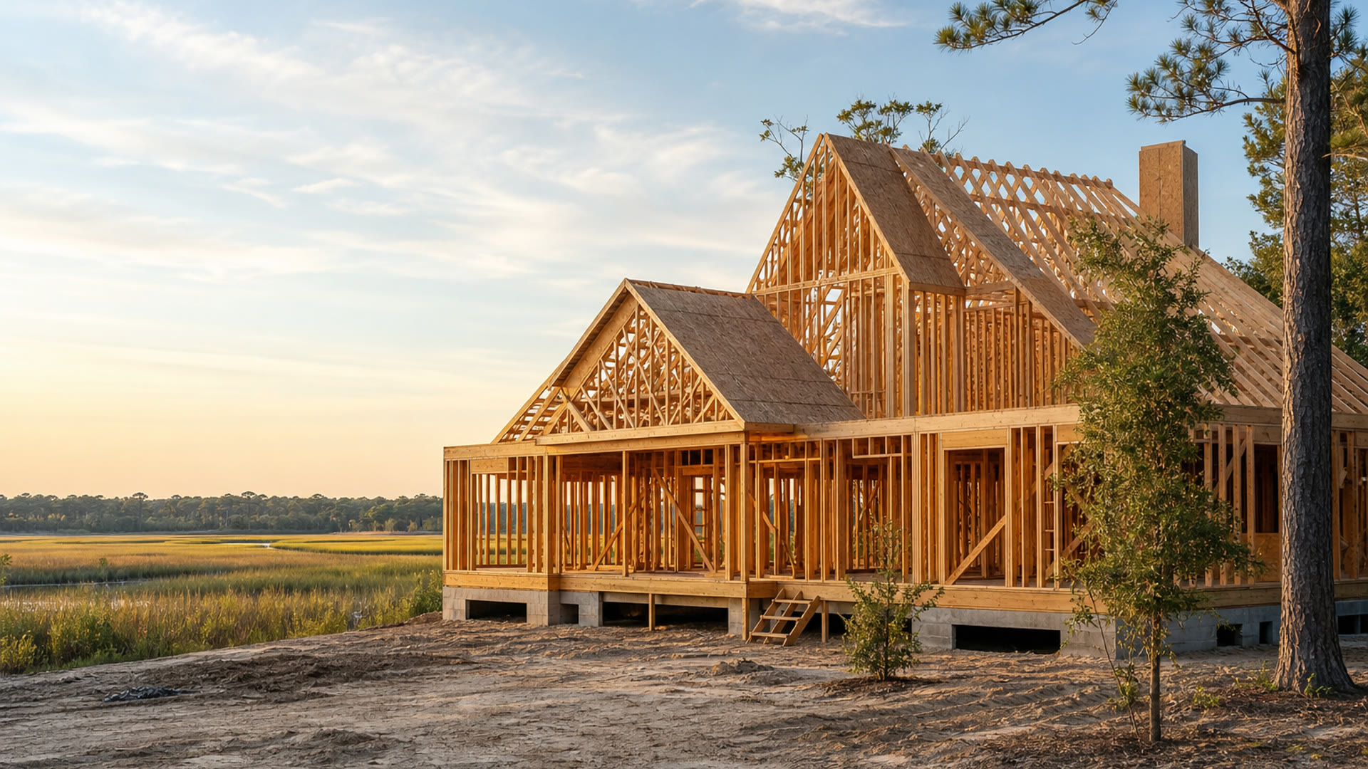 New Lowcountry home under construction with marsh views near Charleston SC