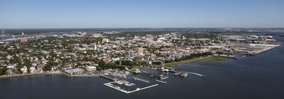 Aerial view of the Charleston peninsula and harbor