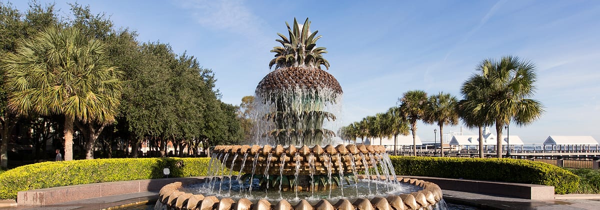 The Pineapple Fountain at Charleston's Waterfront Park, framed by palmettos with the covered pier beyond