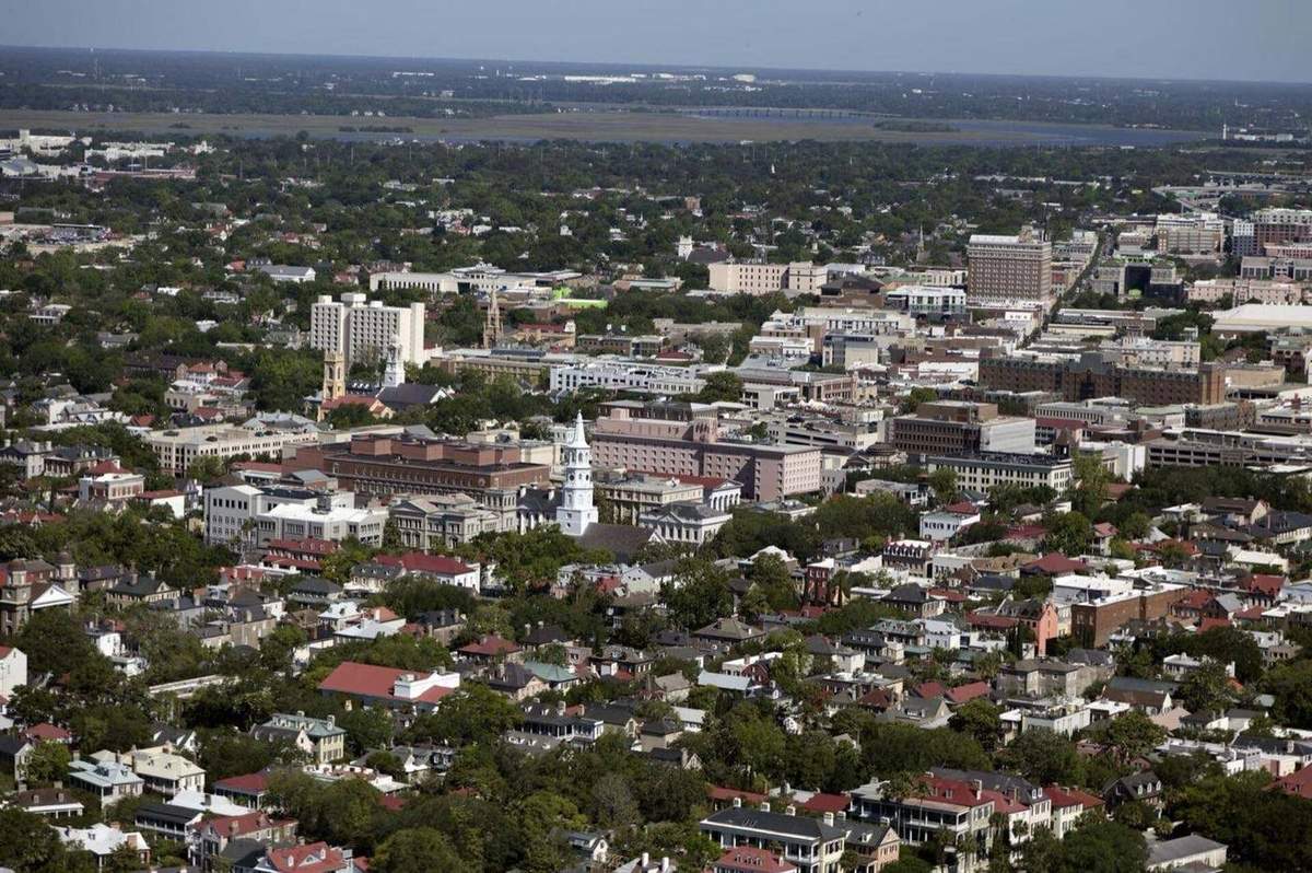 Aerial view of the Charleston, SC peninsula and historic rooftops