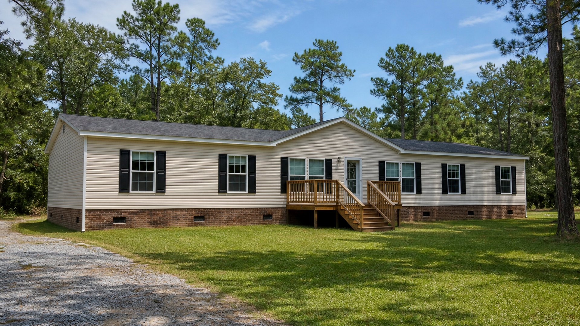 Double-wide manufactured home on a permanent brick foundation and owned land