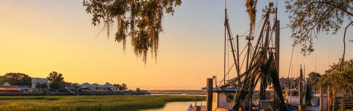 Lowcountry marsh and shrimp boat at sunset near Mount Pleasant SC