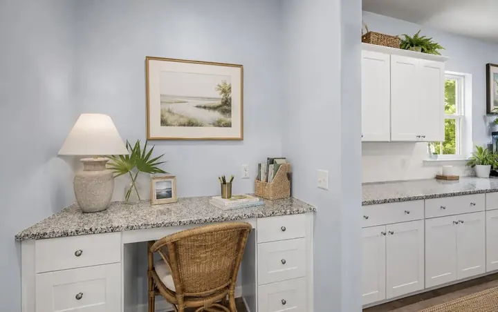Built-in desk nook and kitchen